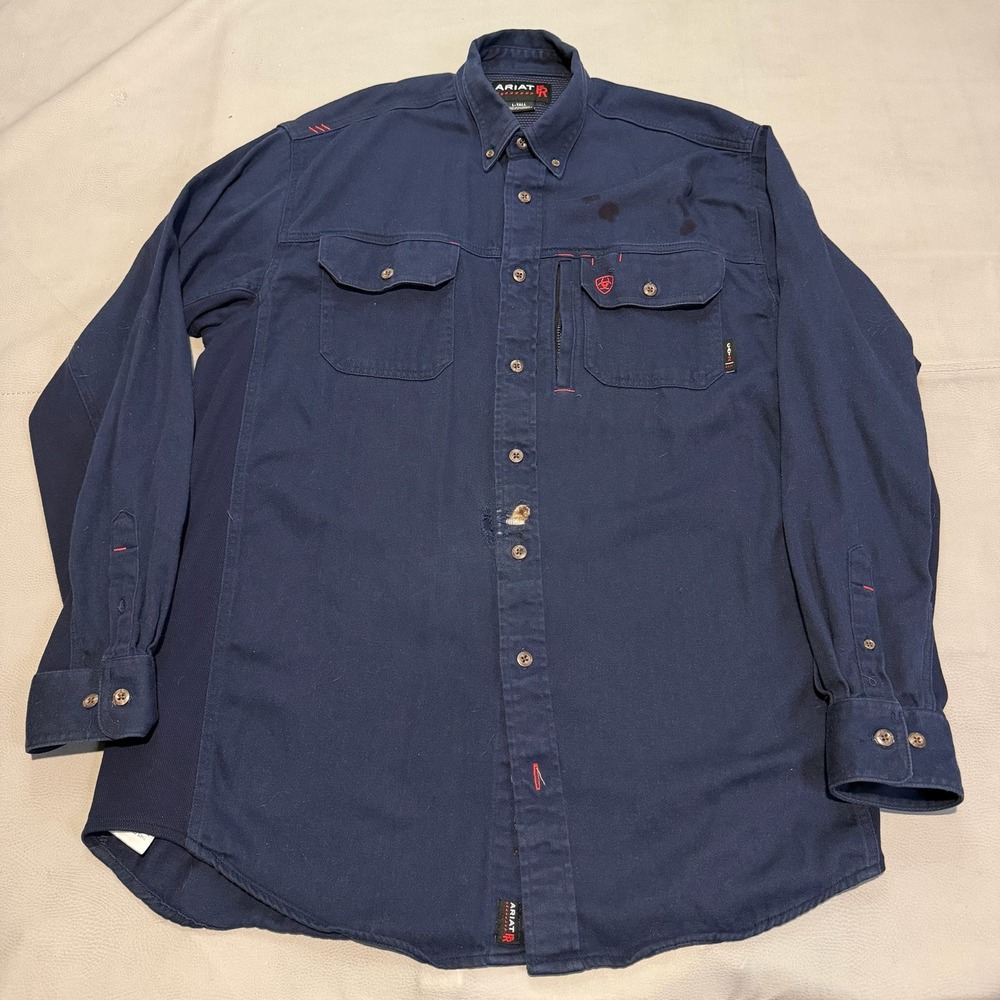 Ariat FR Work Shirt Men Navy Flame Fire Resistant Button Down Welder-L Tall-7308